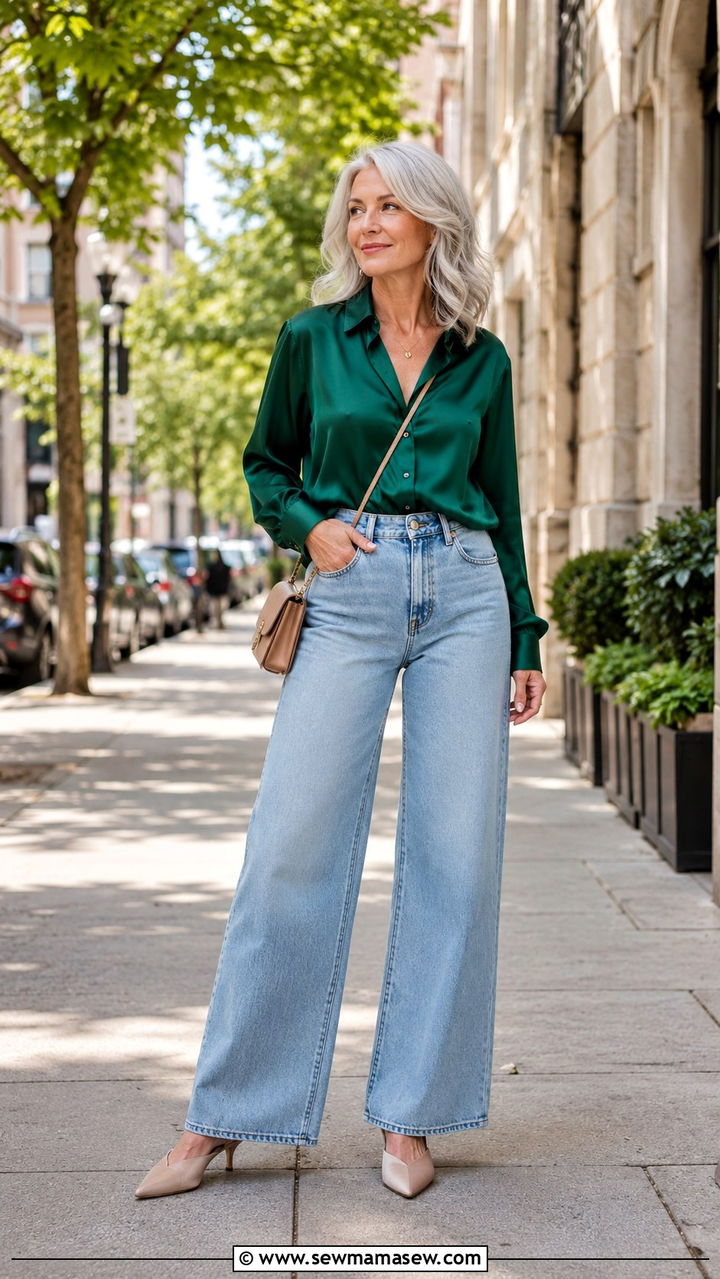 High waisted wide leg jeans with a soft blouse - 20 Menopause outfit ideas