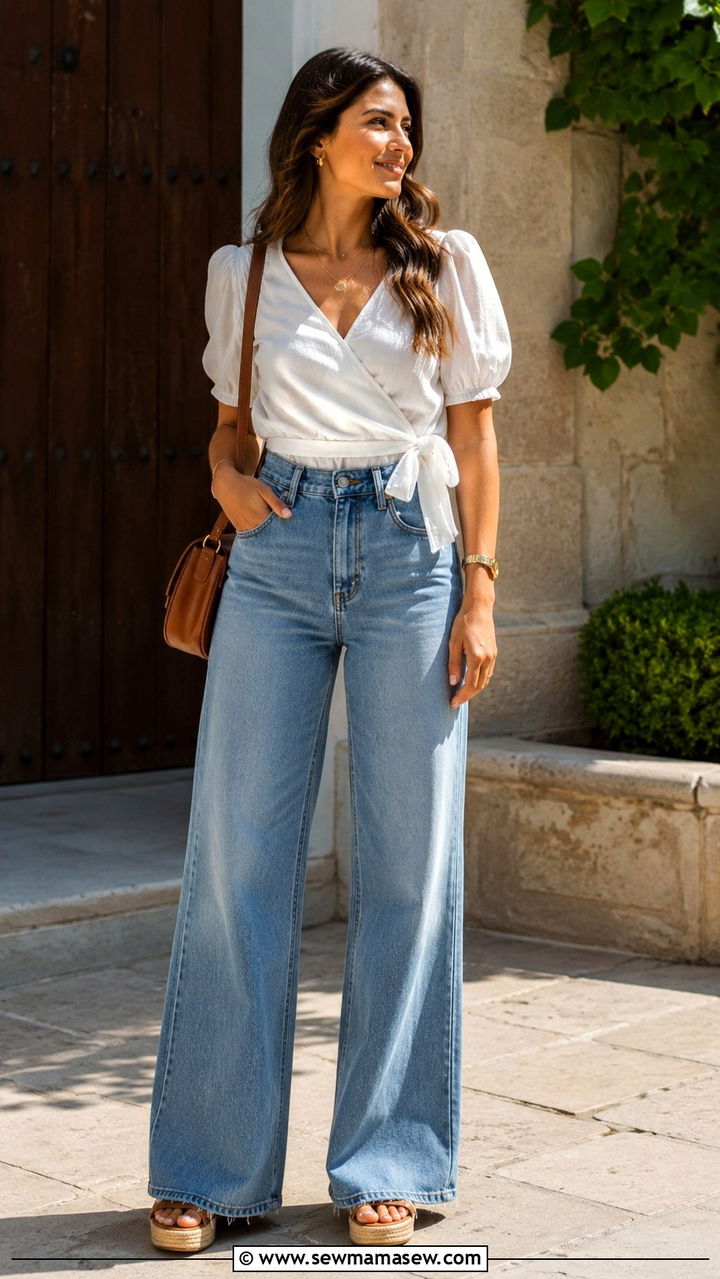 High waisted wide leg jeans with a wrap blouse - 30 Outfit ideas for apple shape