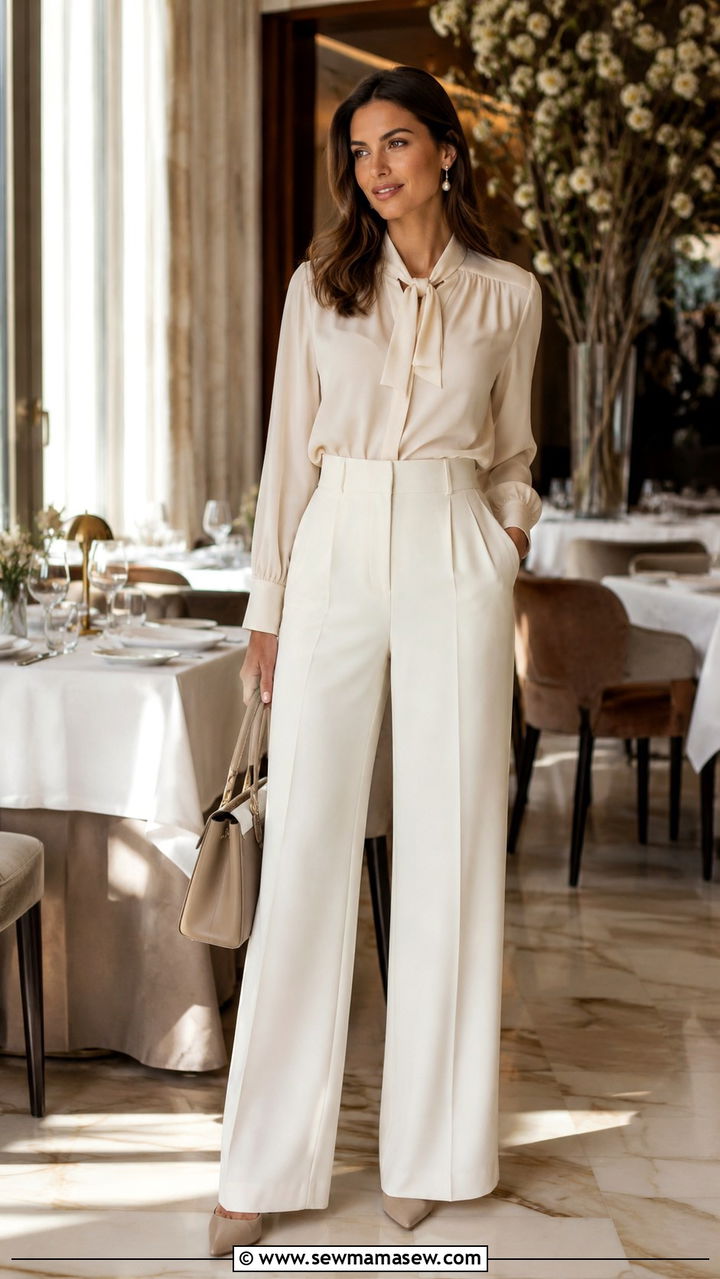 High waisted wide leg pants with tie blouse - 25 Birthday dinner outfit ideas for women over 40