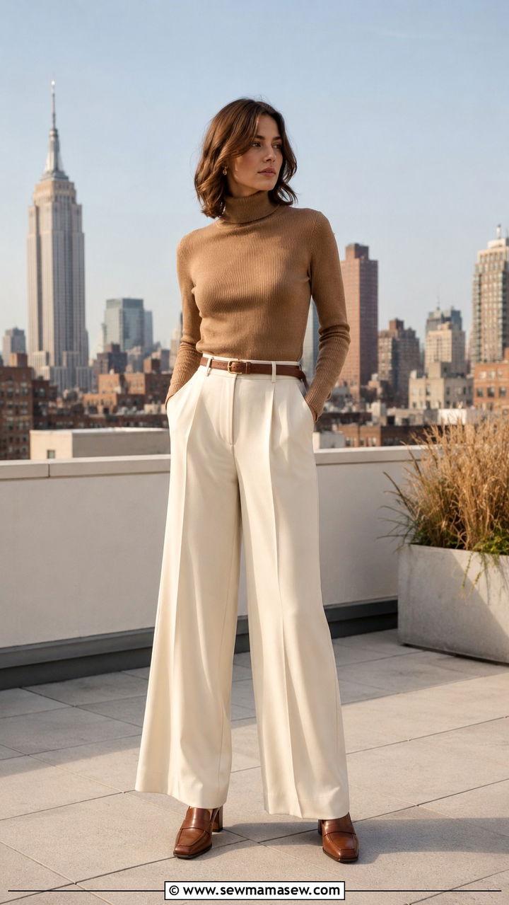 High waisted wide leg trousers and fitted sweater - 30 outfit ideas for rectangle body shape