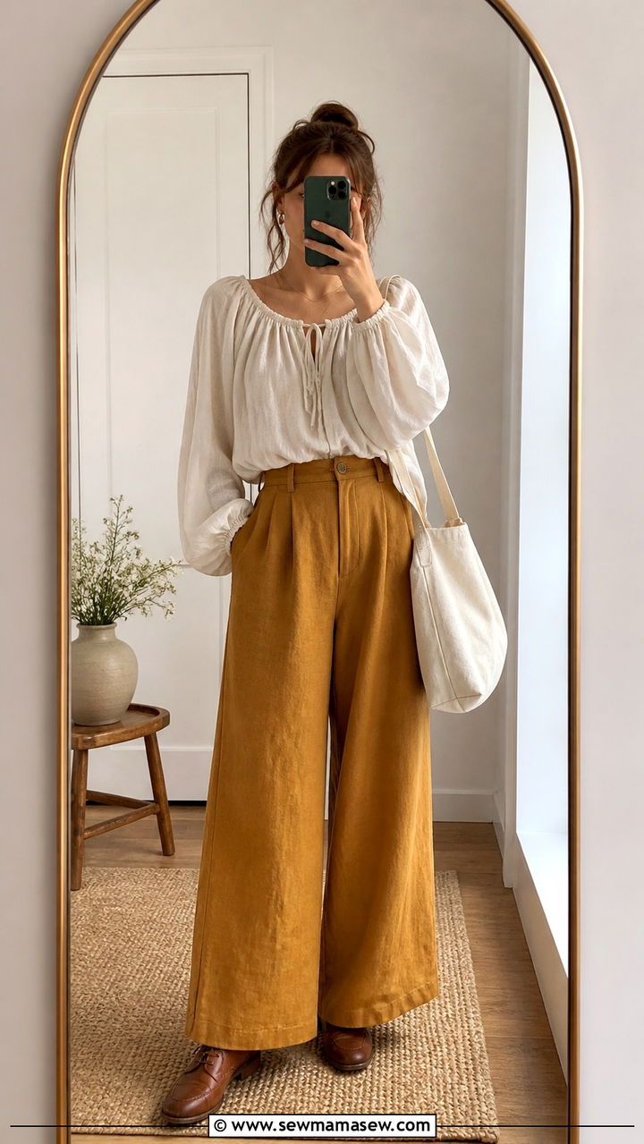 High waisted wide leg trousers and peasant blouse - 30 spring cottagecore outfit ideas
