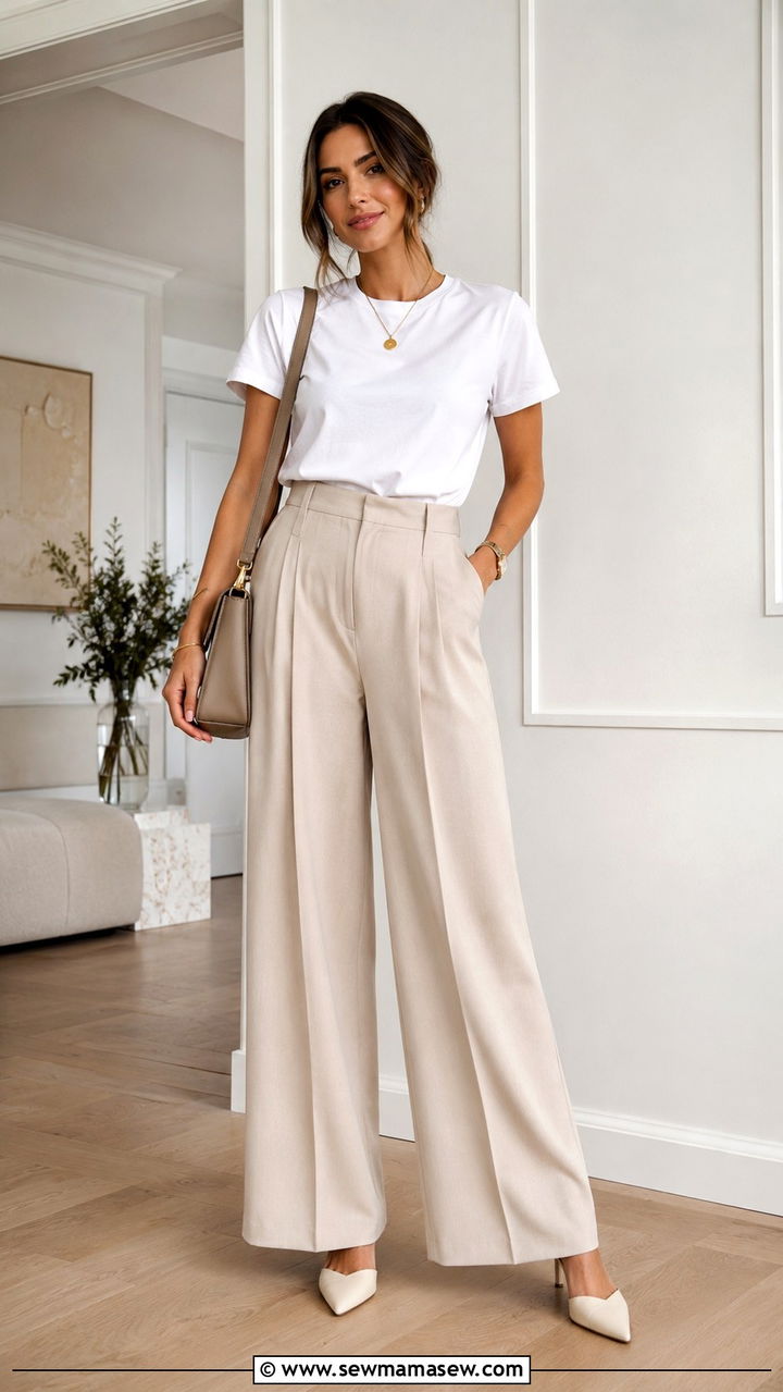 High waisted wide leg trousers with a front tucked tee - 20 Outfit ideas for belly after C section