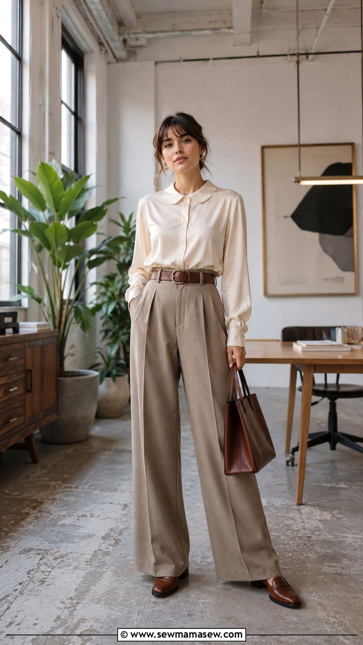 High waisted wide leg trousers with tucked blouse outfit - 25 Mid century modern outfit ideas