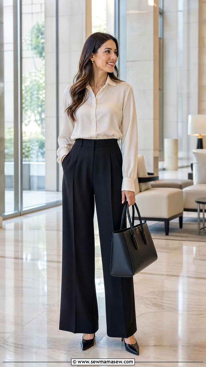 High waisted wide leg trousers with tucked in blouse - 25 Flattering outfits for big hips