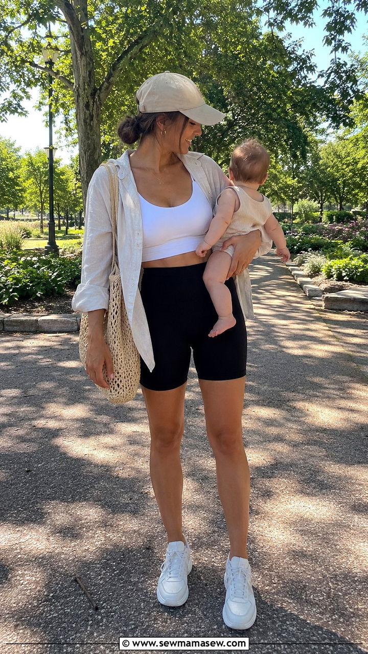 HighWaist Biker Shorts with an Oversized ButtonDown - 30 Postpartum summer outfits