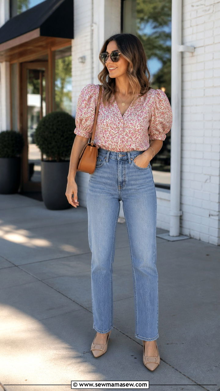 HighWaisted Jeans With Puff Sleeve Blouse Brunch Outfit - 40 brunch outfits