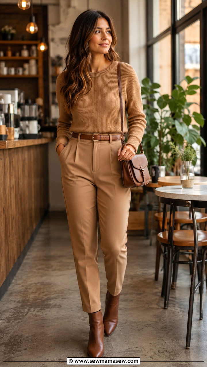 HighWaisted Tapered Pants With A Knit Sweater For Slim Thighs - 25 Outfit ideas for slim thighs