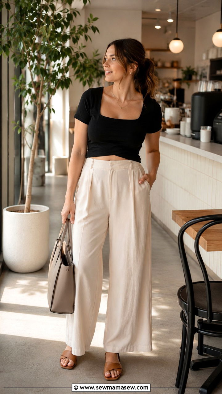 HighWaisted WideLeg Pants with a Cropped Top - 30 Postpartum summer outfits