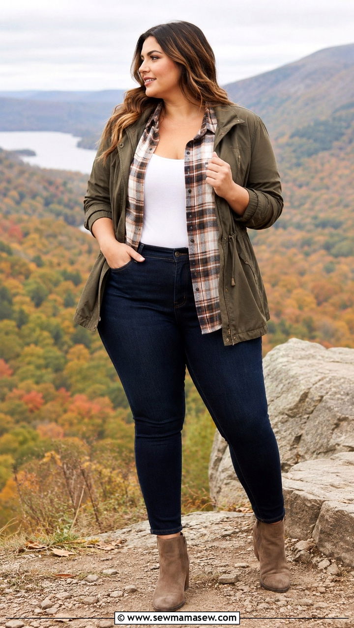 Highrise stretch jeggings with plaid buttondown - 30 Travel outfits for plus size