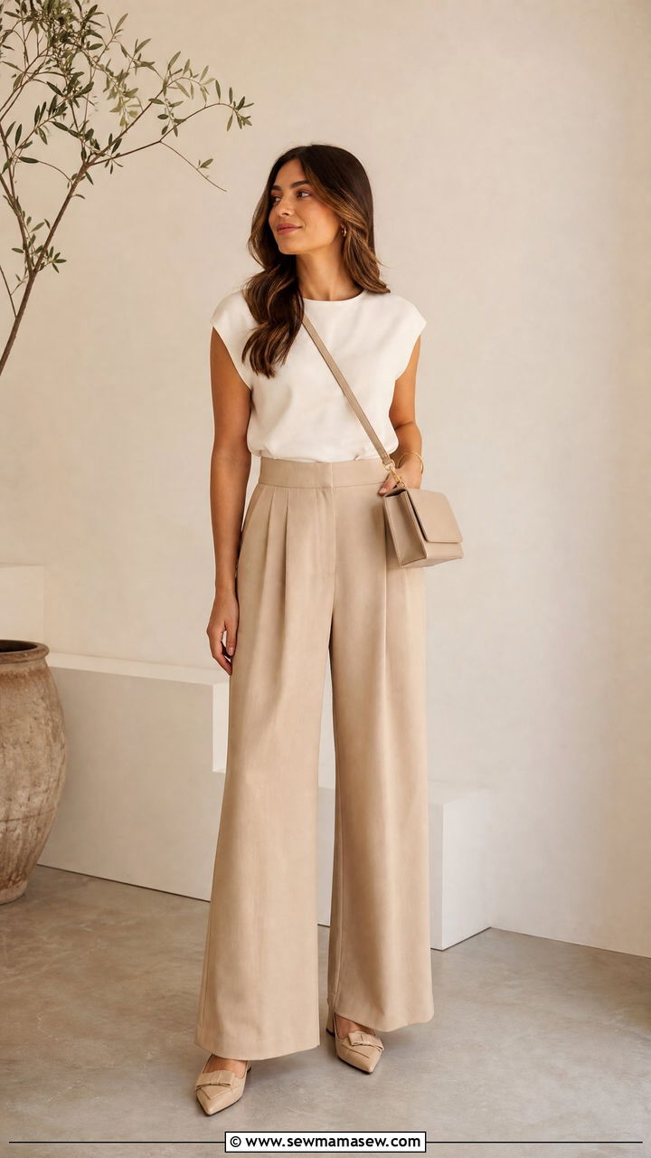 Highwaist wideleg pants with cappedsleeve top - 30 summer outfits for modest women