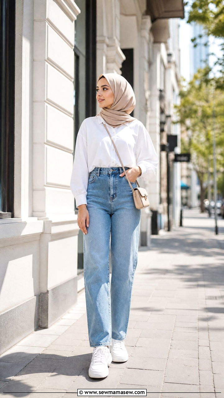 Hijab outfit with jeans and white blouse - 30 hijab outfit ideas