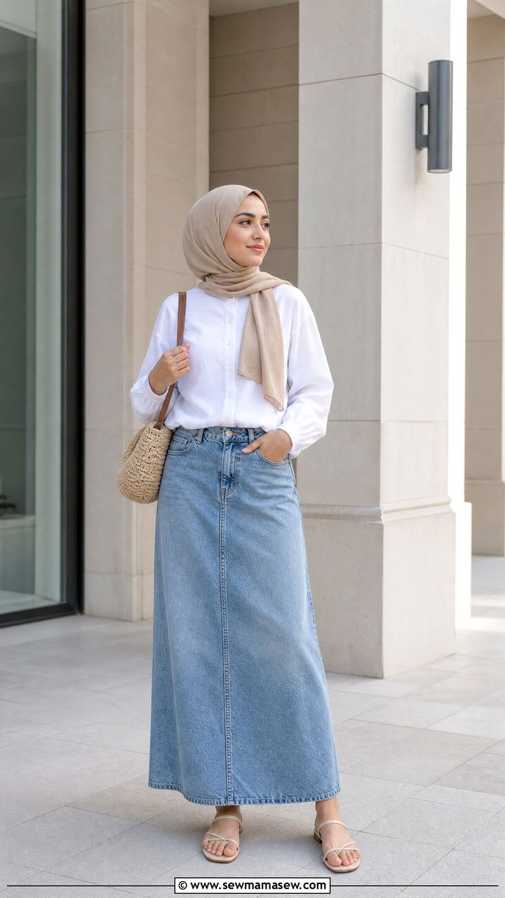 Hijabi Denim Skirt With White Blouse and Sandals - 30 Denim skirt outfit ideas for summer