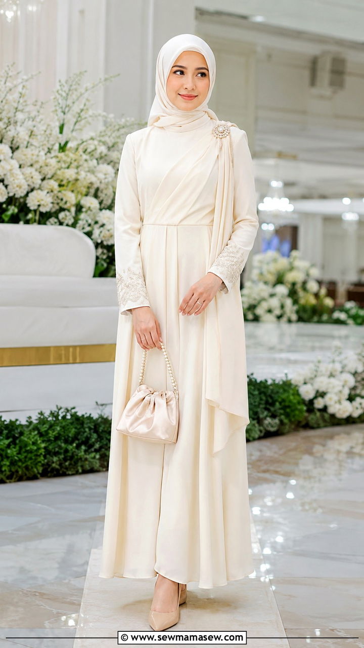 Hijabi bride outfit with long sleeve maxi dress and matching hijab - 20 Modest outfit ideas for bride