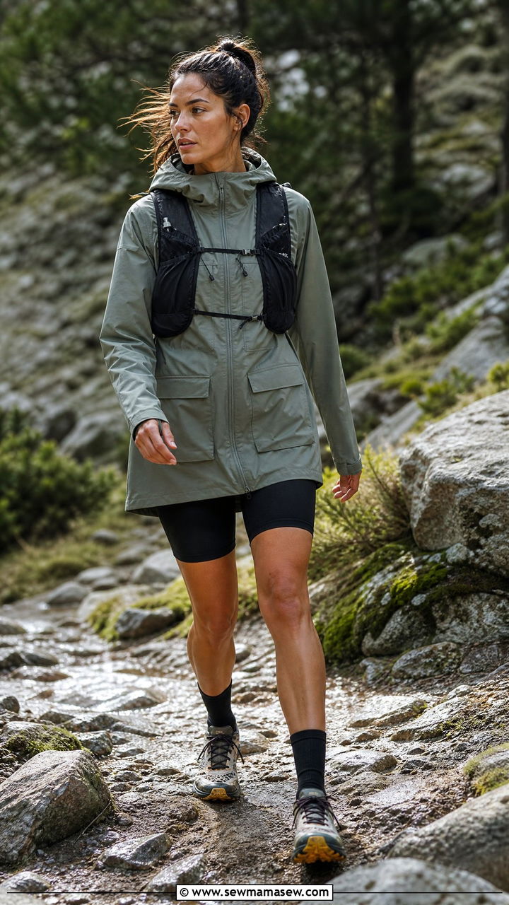 HikingStyle Rain Jacket With Shorts and Trail Runners - 25 Running outfit ideas rainy weather