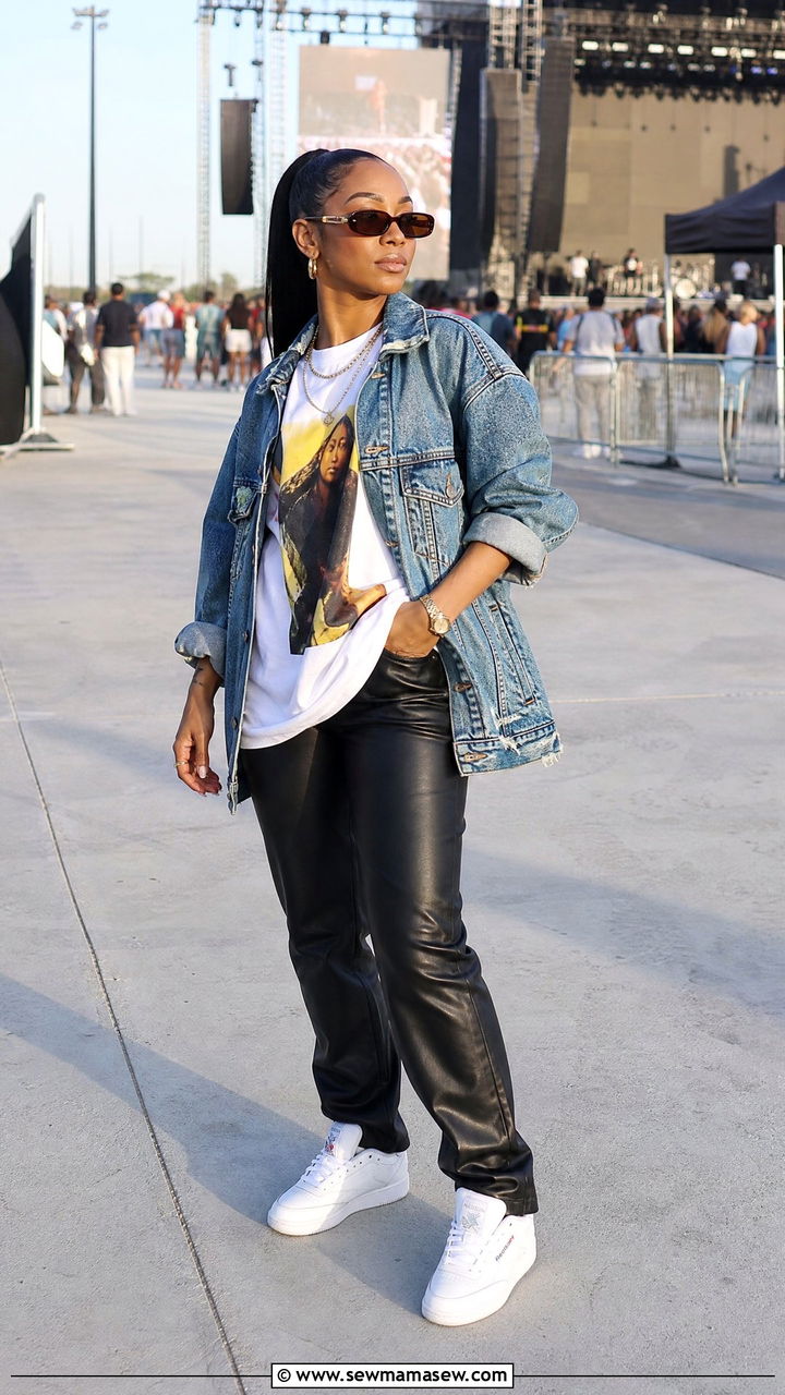 Hip Hop Concert Outfit Denim Jacket With Graphic Tee And Sneakers - 25 Hip hop concert outfit ideas