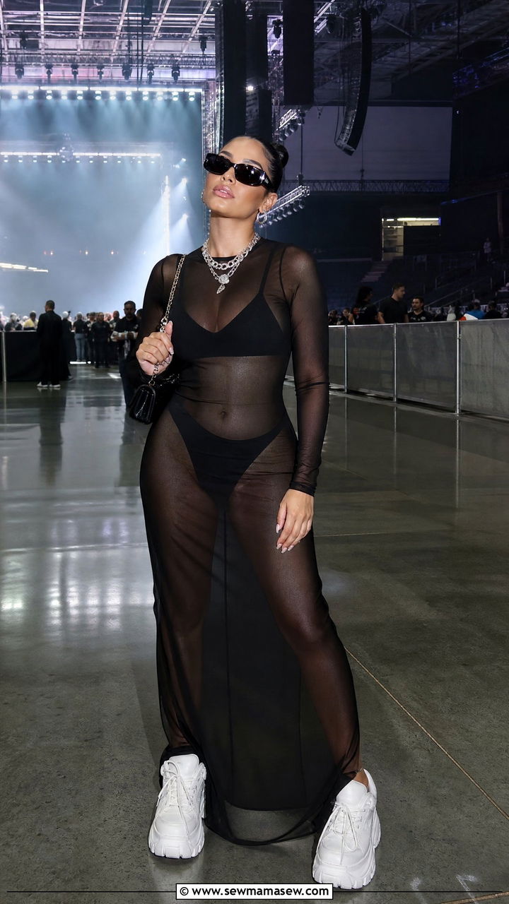 Hip Hop Concert Outfit Mesh Dress With Chunky Sneakers - 25 Hip hop concert outfit ideas