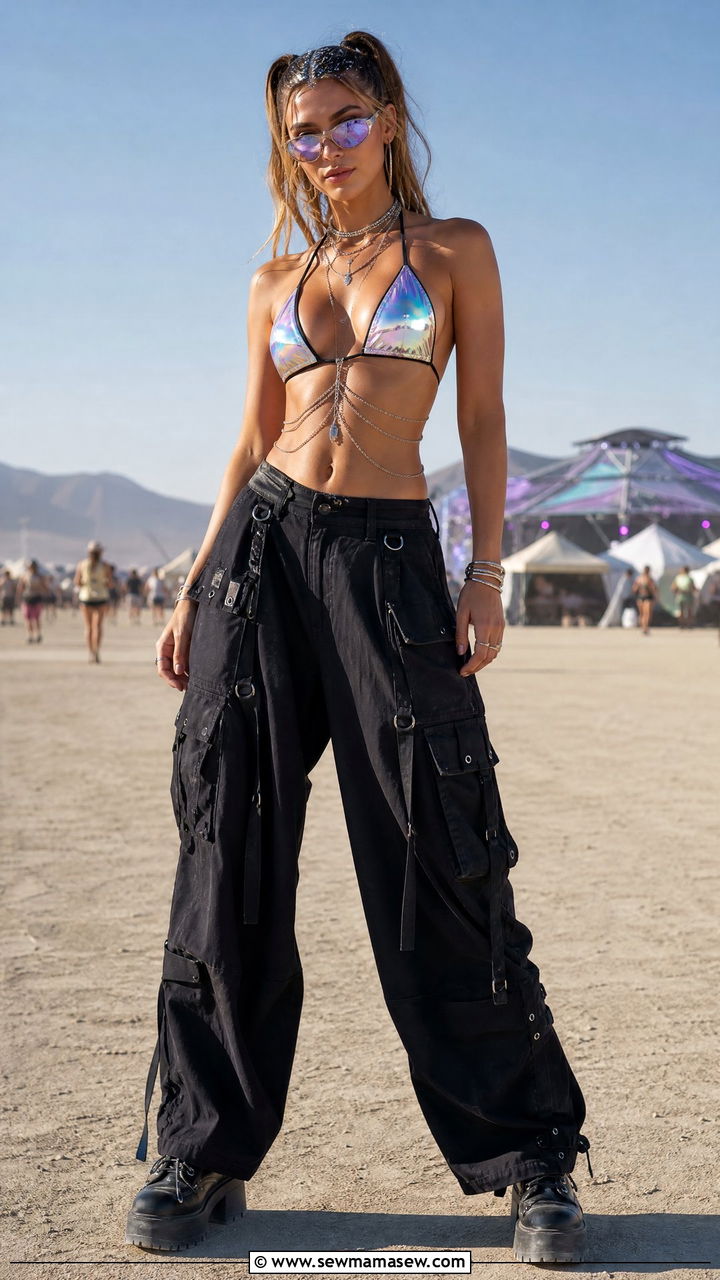 Holographic Bikini Top And Wide Leg Cargo Pants - 30 EDM concert outfit ideas