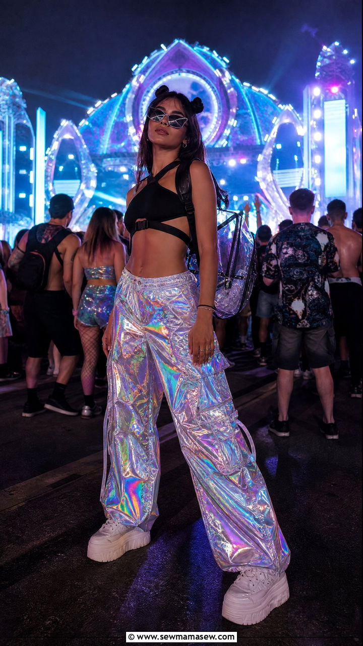 Holographic Cargo Pants With Micro Crop Top - 40 Music festival outfit ideas