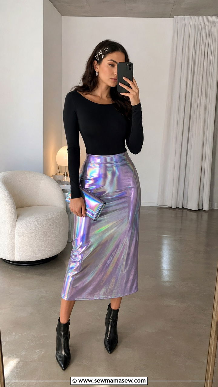 Holographic Celestial Skirt with Black Top - 30 celestial outfits inspo
