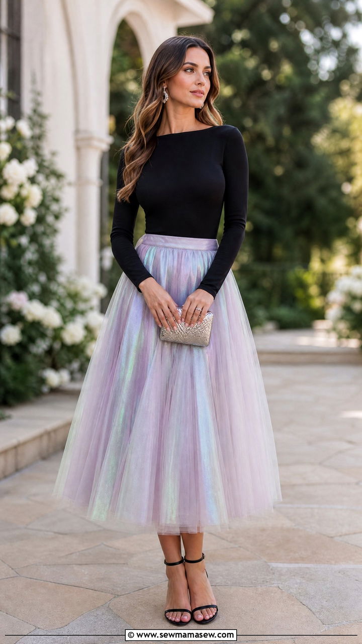 Holographic Iridescent Tulle Midi Skirt With Black Bodysuit - 25 classy celestial outfits