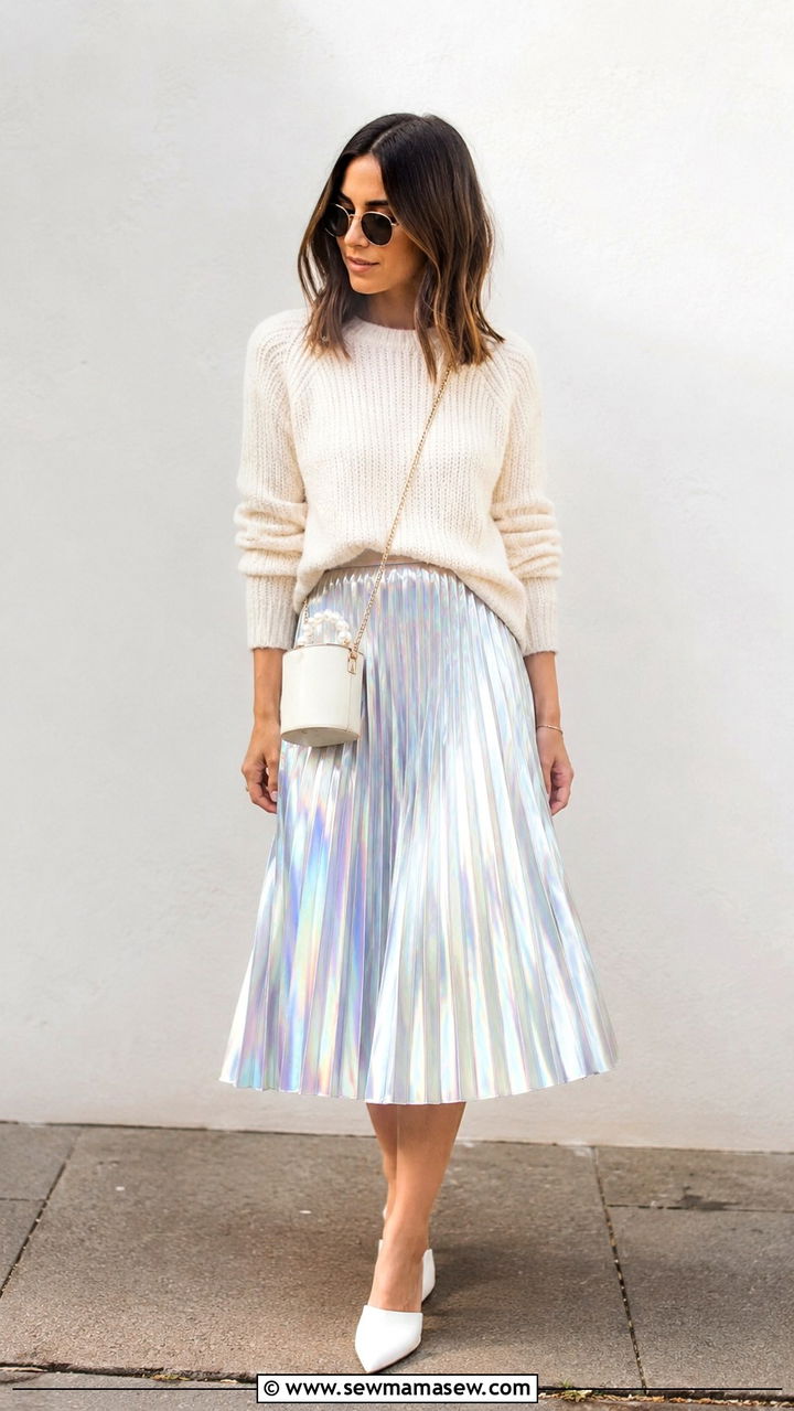 Holographic Pleated Midi Skirt With Cream Knit Sweater - 30 celestial outfits 2026