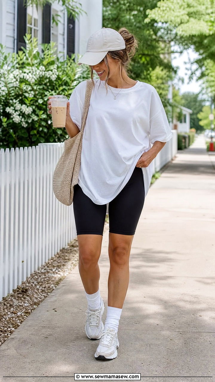 Homeschool Mom Bike Shorts With Oversized Tee - 25 Homeschool mom outfit ideas