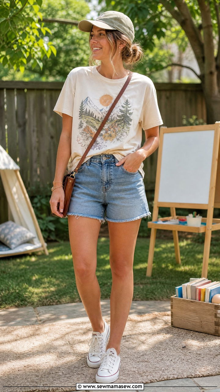 Homeschool Mom Denim Shorts and Graphic Tee - 25 Homeschool mom outfit ideas