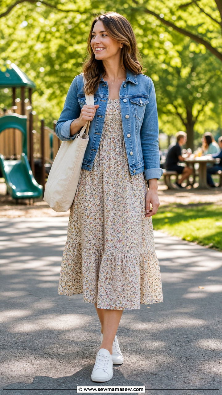 Homeschool Mom Midi Dress With Denim Jacket - 25 Homeschool mom outfit ideas