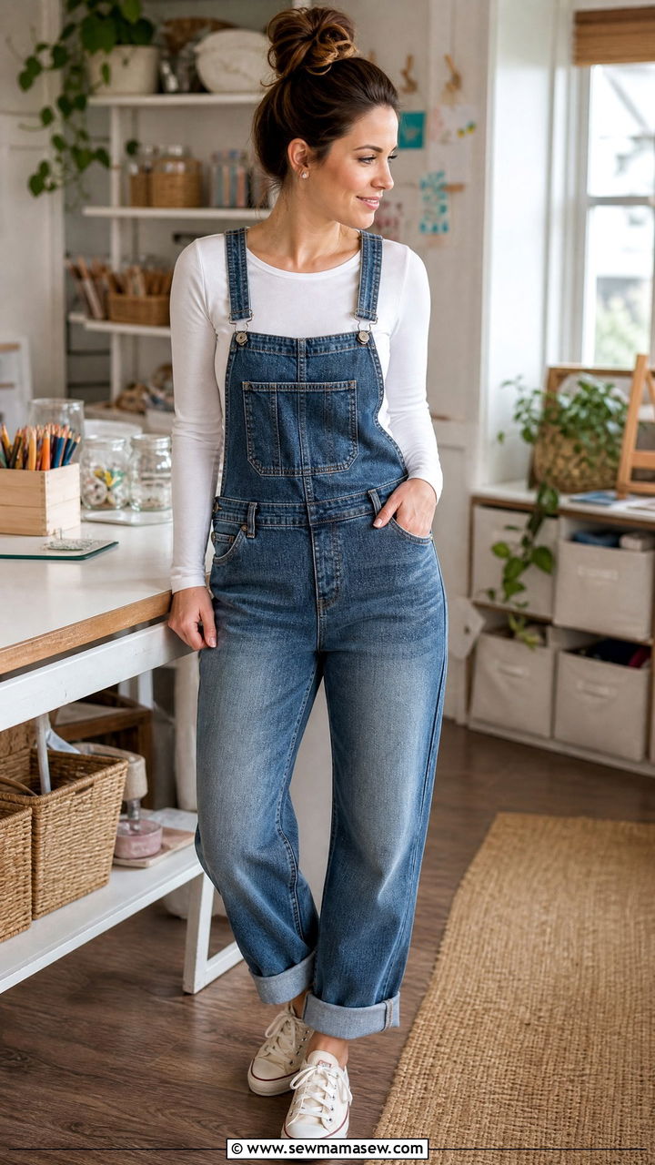 Homeschool Mom Overalls With Long Sleeve Tee - 25 Homeschool mom outfit ideas