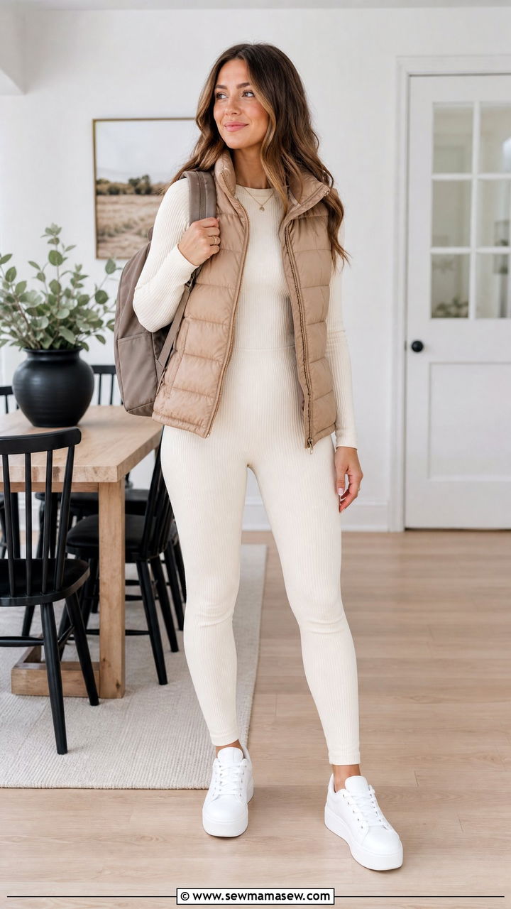 Homeschool Mom Ribbed Knit Set With Puffer Vest - 25 Homeschool mom outfit ideas