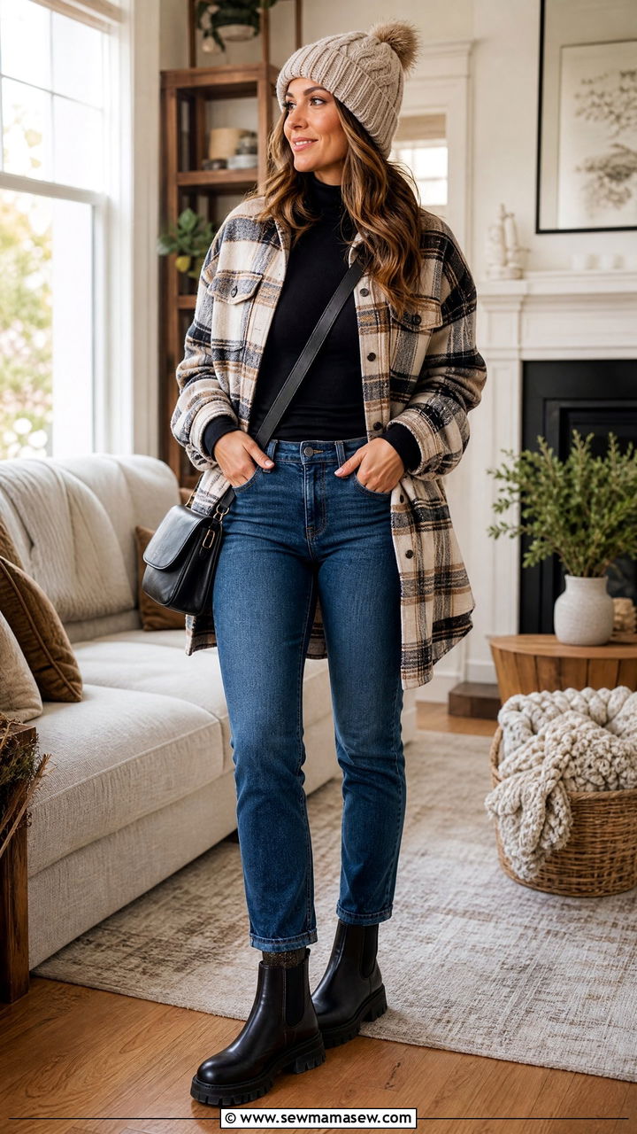 Homeschool Mom Shacket With Turtleneck and Jeans - 25 Homeschool mom outfit ideas