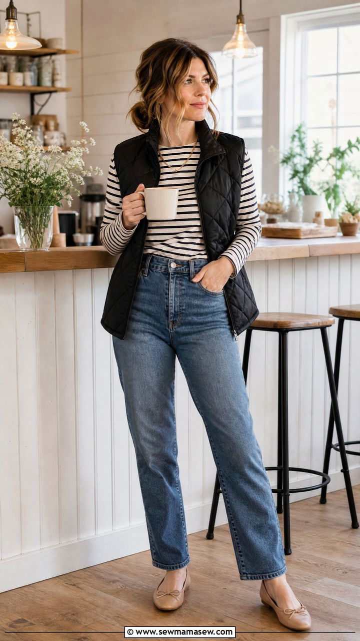 Homeschool Mom Striped Tee With High Waisted Jeans - 25 Homeschool mom outfit ideas