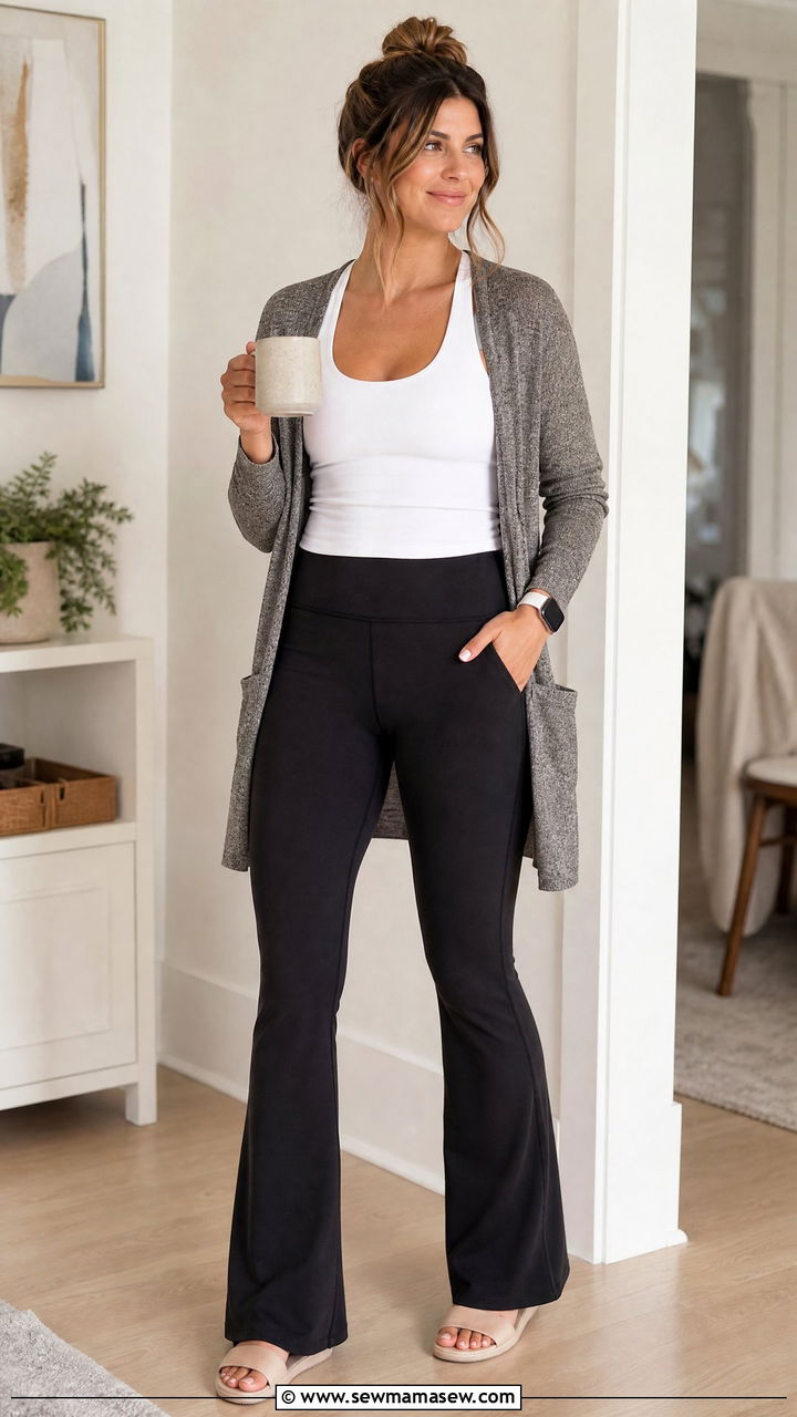 Homeschool Mom Yoga Pants With Fitted Tank and Cardigan - 25 Homeschool mom outfit ideas