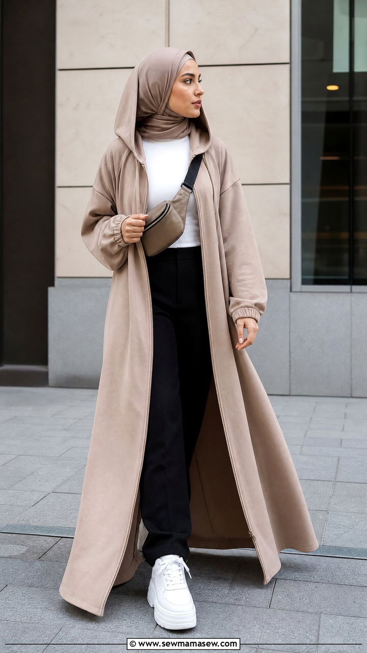 Hooded Abaya with Sporty Hijab and Platform Sneakers - 25 casual outfits for hijab women