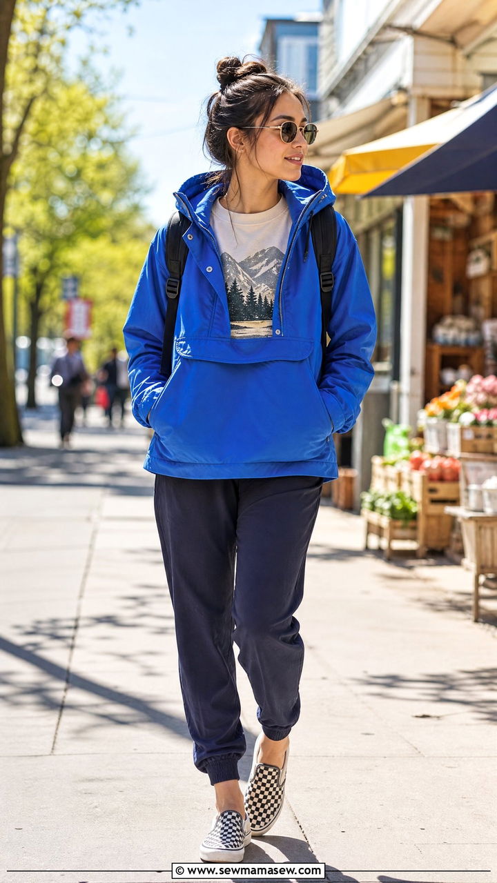 Hooded Anorak Jacket With A Graphic Sweatshirt And Track Pants - 35 Hooded coat outfit ideas