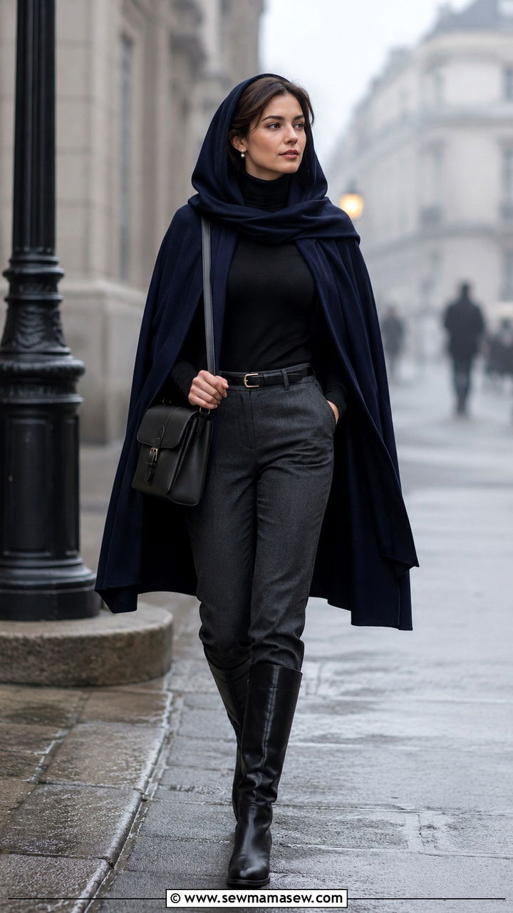 Hooded Cape Scarf Over Turtleneck And Slim Trousers - 25 poetcore outfits ideas