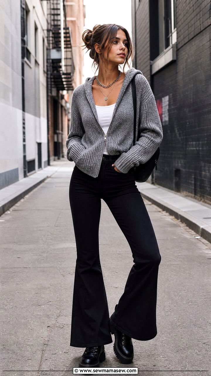Hooded Cardigan with Flare Jeans and Combat Boots - 30 Flare jeans outfit ideas with a cardigan