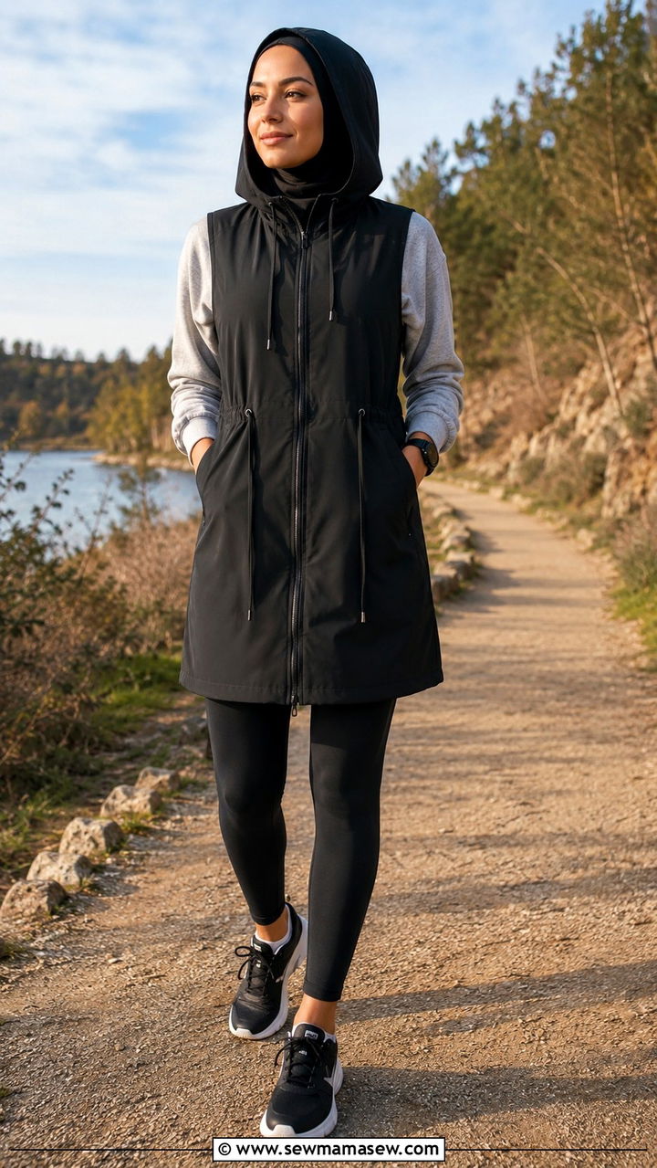 Hooded Longline Vest with Leggings Outfit - 30 Modest outfit ideas for gym