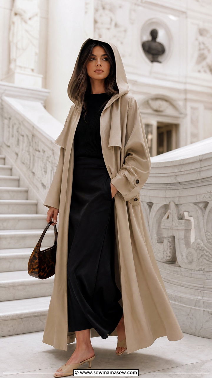 Hooded Maxi Trench Coat With A Slip Skirt And Kitten Heel Mules - 35 Hooded coat outfit ideas