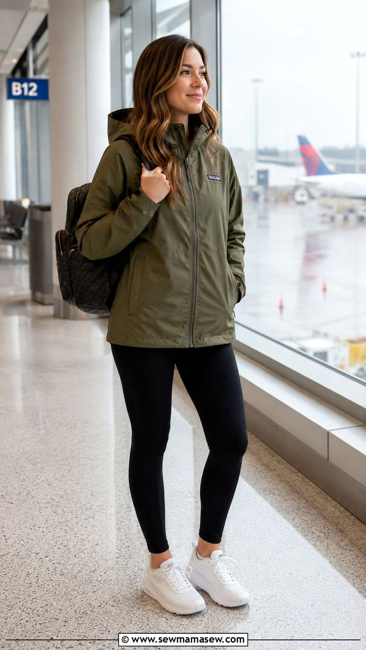 Hooded Packable Rain Jacket With Black Leggings And White Sneakers - 30 Rainy day travel outfit ideas