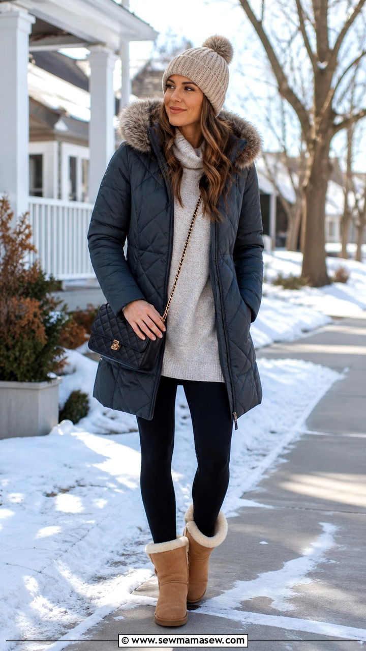 Hooded Quilted Coat With Leggings Outfit - 40 Quilted coat outfit ideas