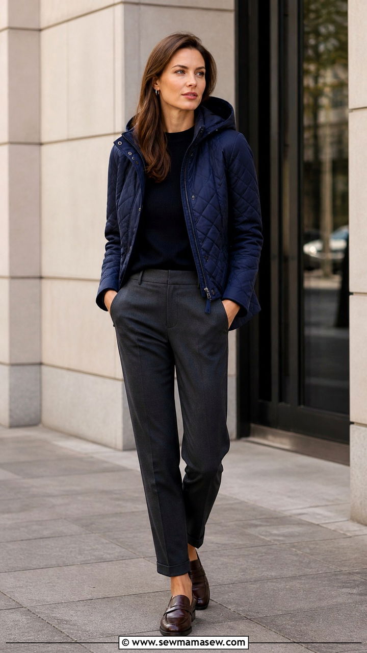 Hooded Quilted Jacket With Tailored Trousers and Loafers - 40 cute jacket outfits