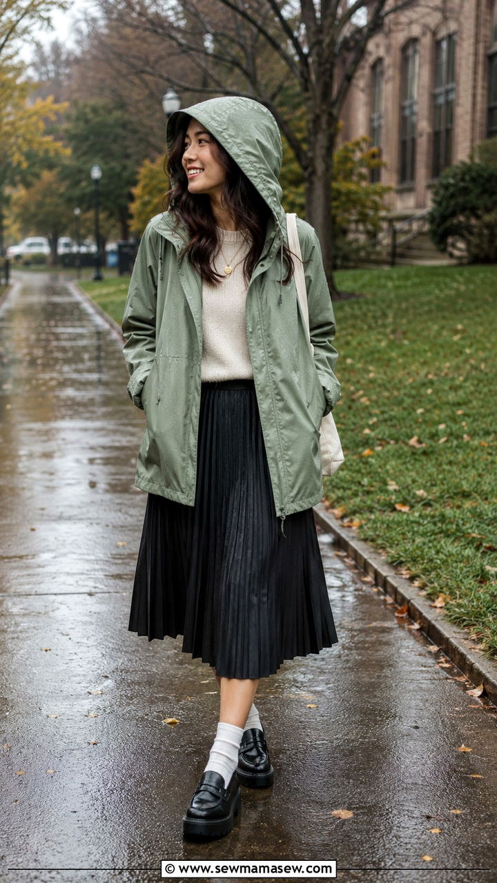 Hooded Rain Jacket with Knit Sweater and Pleated Skirt - 25 rainy day outfits inspo