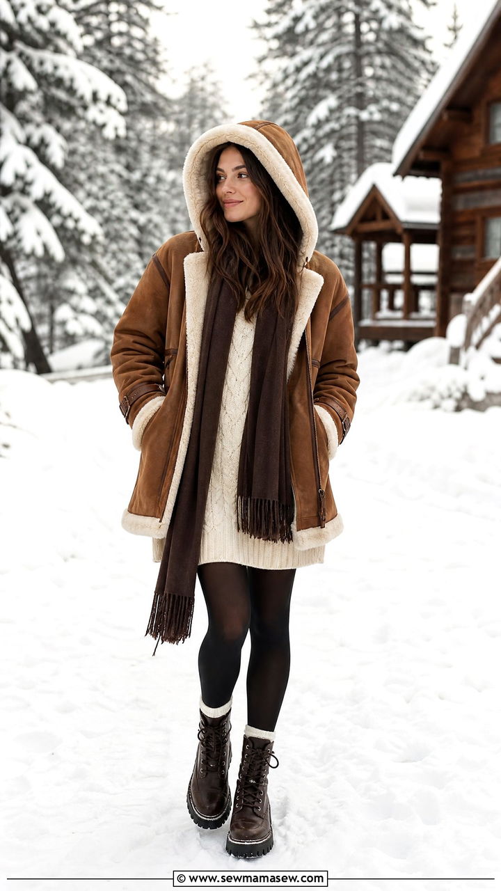 Hooded Shearling Aviator Coat With A Sweater Dress And Lug Sole Boots - 35 Hooded coat outfit ideas