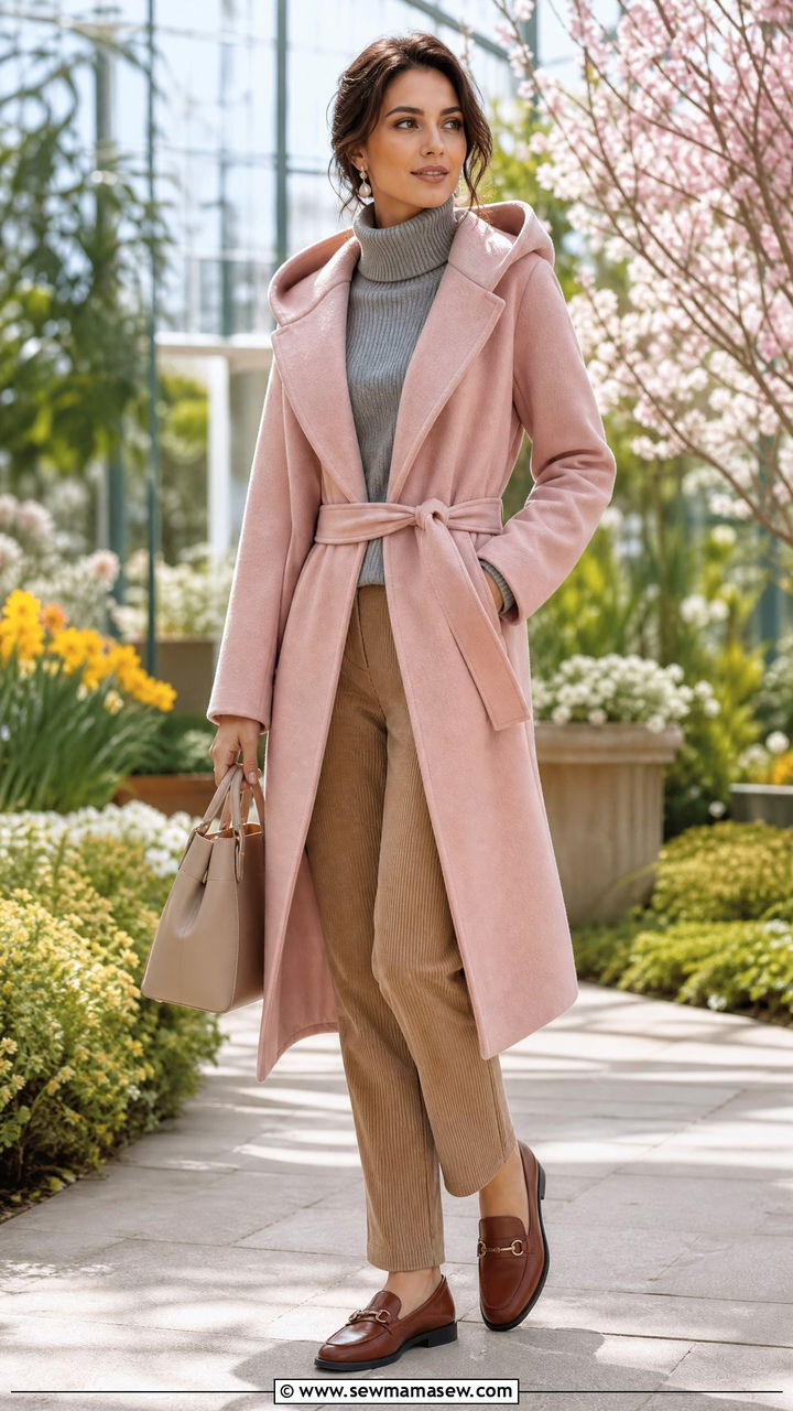 Hooded Wool Blend Wrap Coat With Straight Leg Corduroys And Loafers - 35 Hooded coat outfit ideas