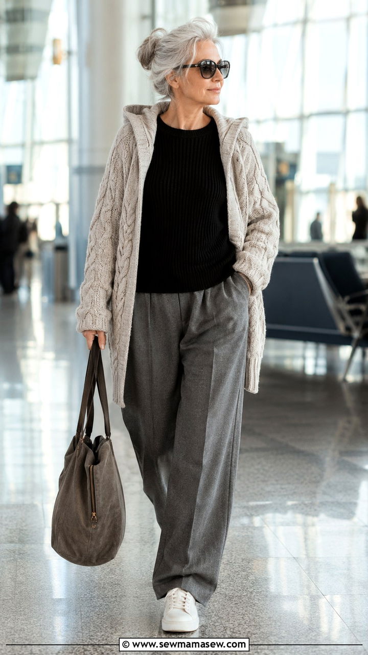 Hooded cardigan with a ribbed knit top and relaxed trousers - 25 Modest outfits for women over 60