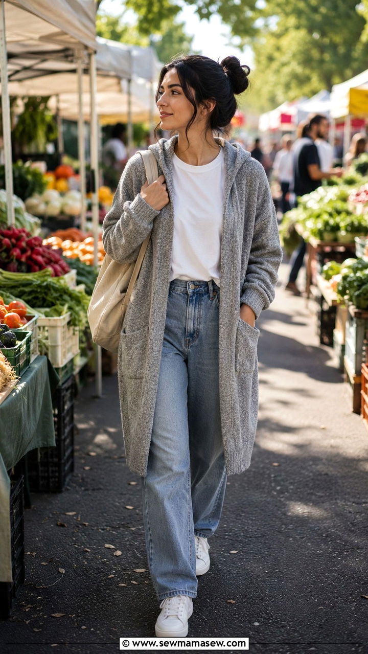 Hooded cardigan with relaxed denim - 30 Modest outfit ideas with cardigan