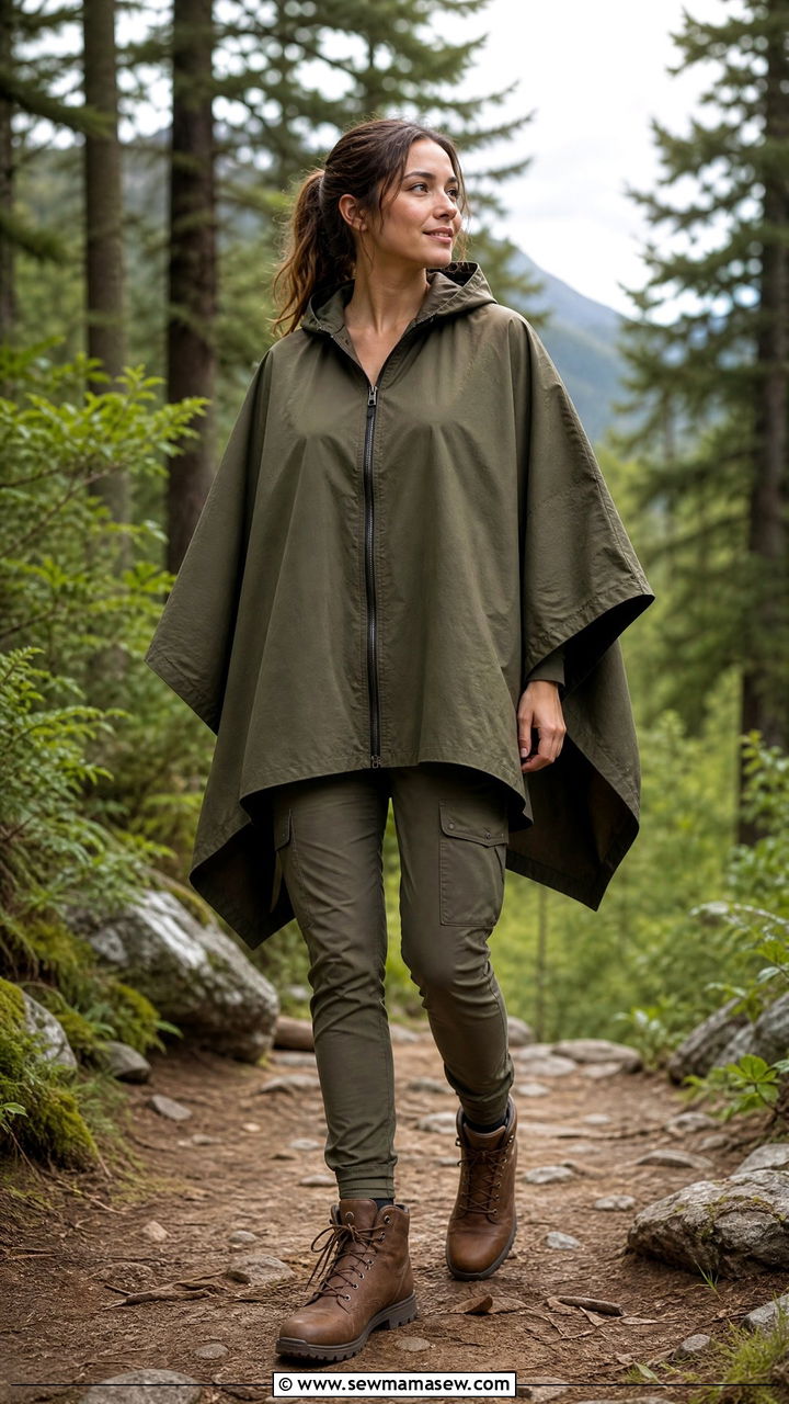 Hooded poncho with cargo pants and hiking boots - 40 Poncho outfit ideas