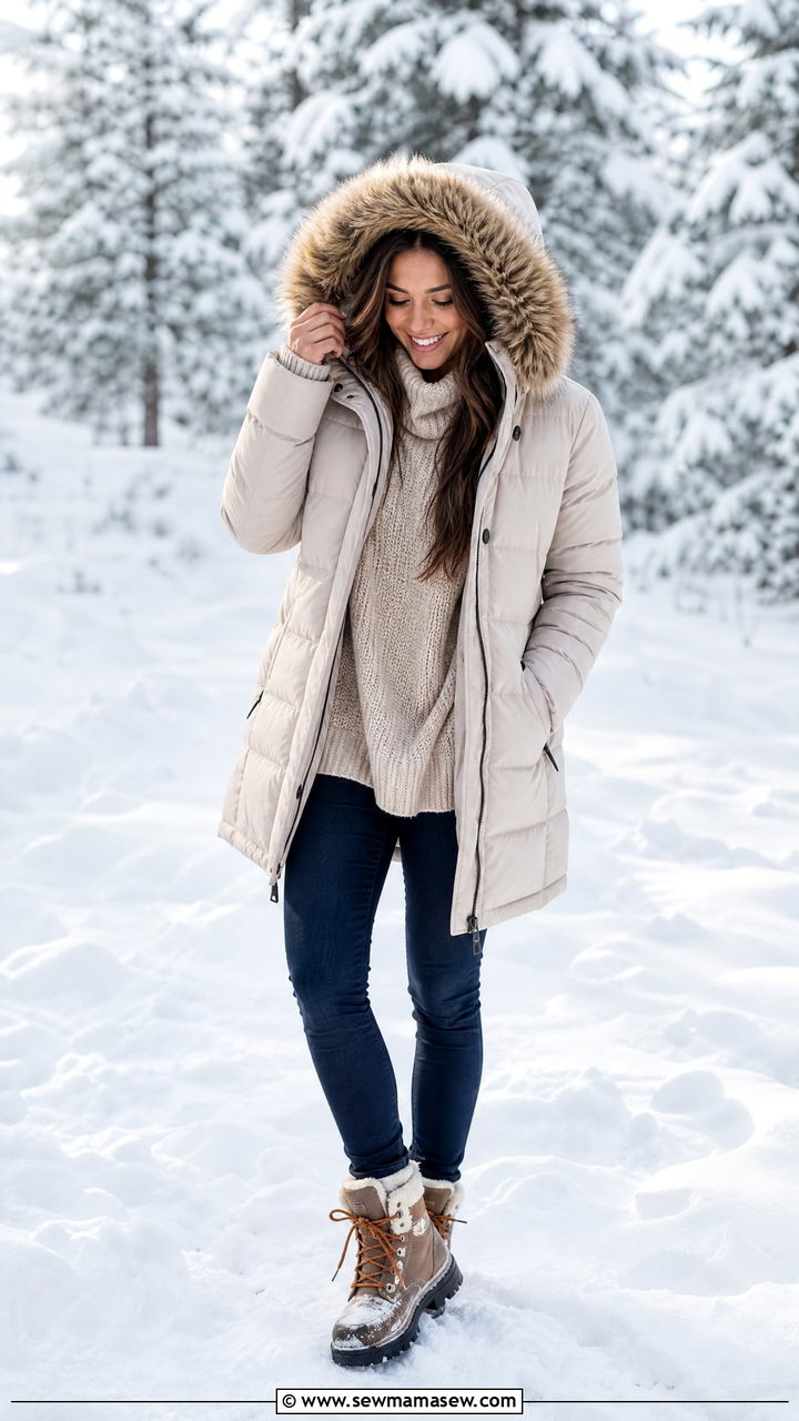 Hooded puffer coat with skinny jeans and hiking boots - 30 Cozy chalet outfit ideas