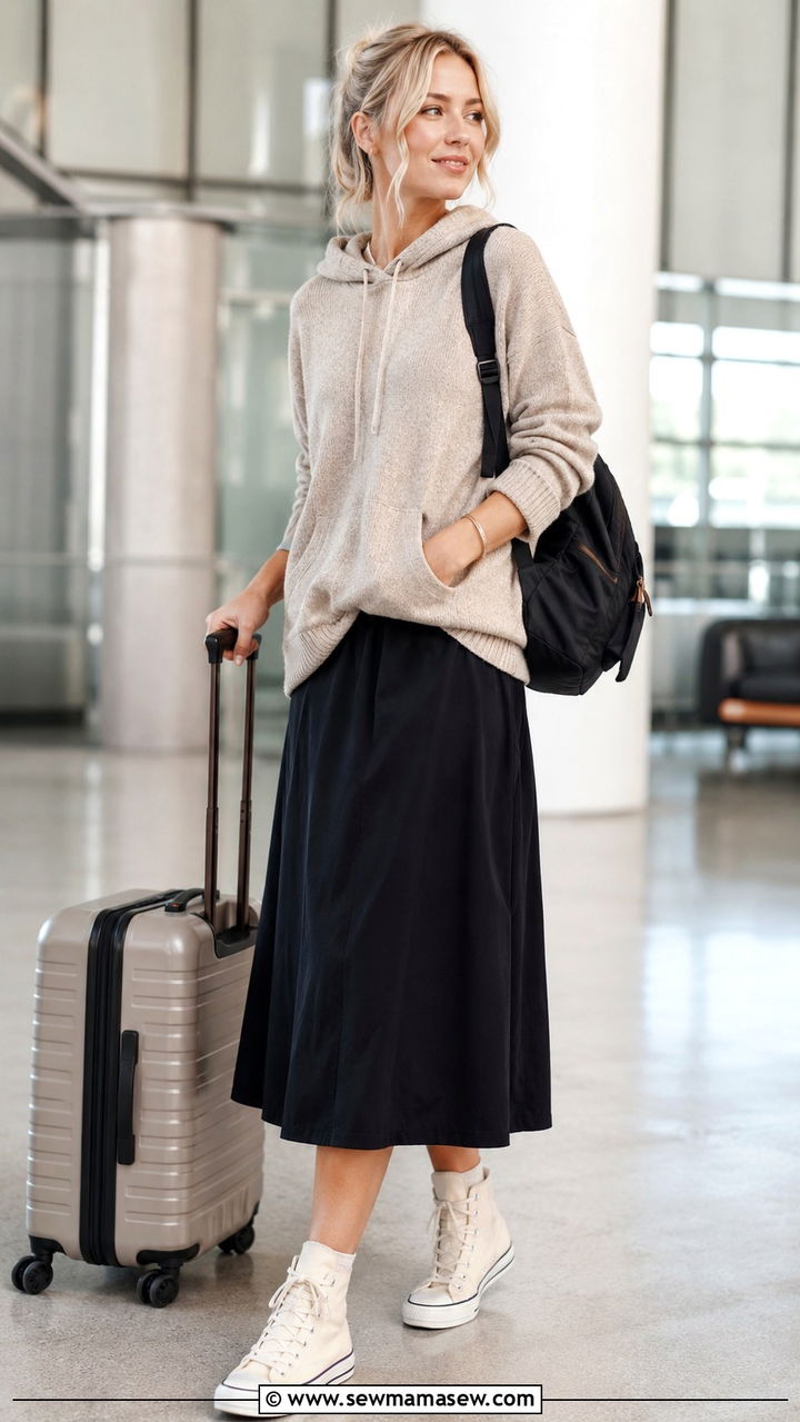 Hooded sweater with midi skirt and high top sneakers - 30 Midi skirt outfit ideas with a sweater
